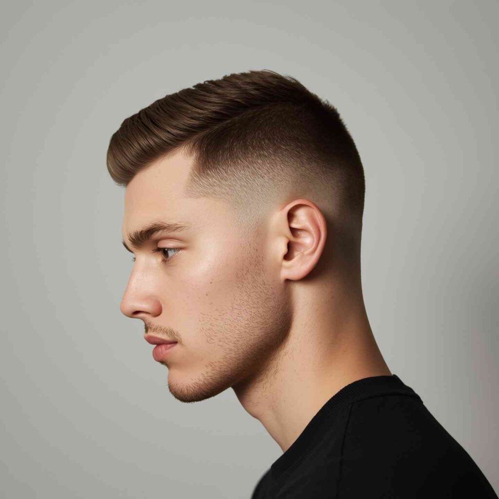Side profile of man with neat fade haircut highlighting simple hair style men”
