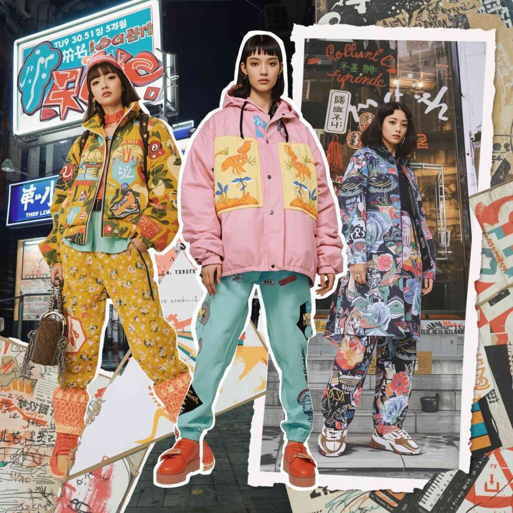 Street-style collage of Acubi fashion outfits from Seoul and Japan