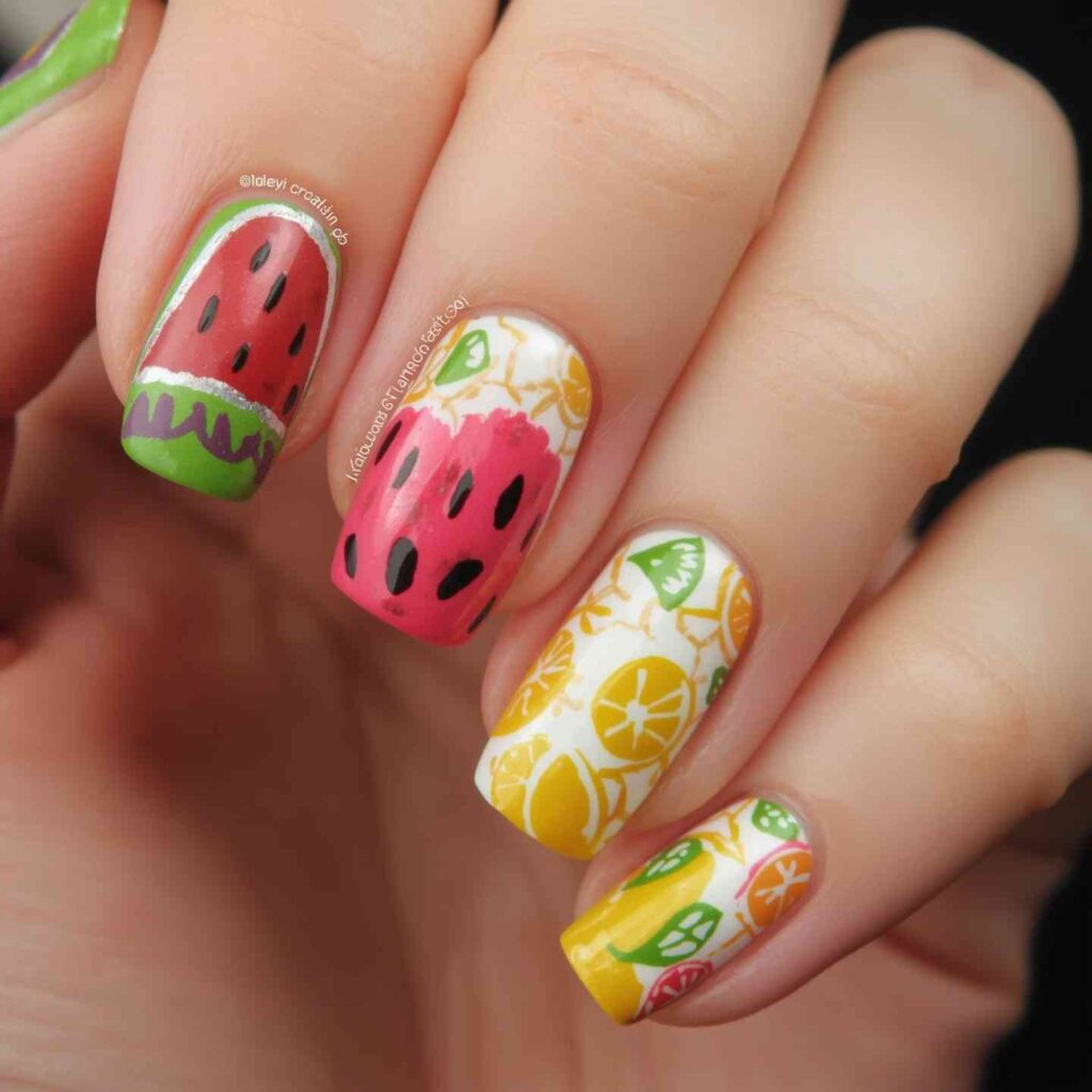 “Bright fruit nail art with watermelon and lemon tips