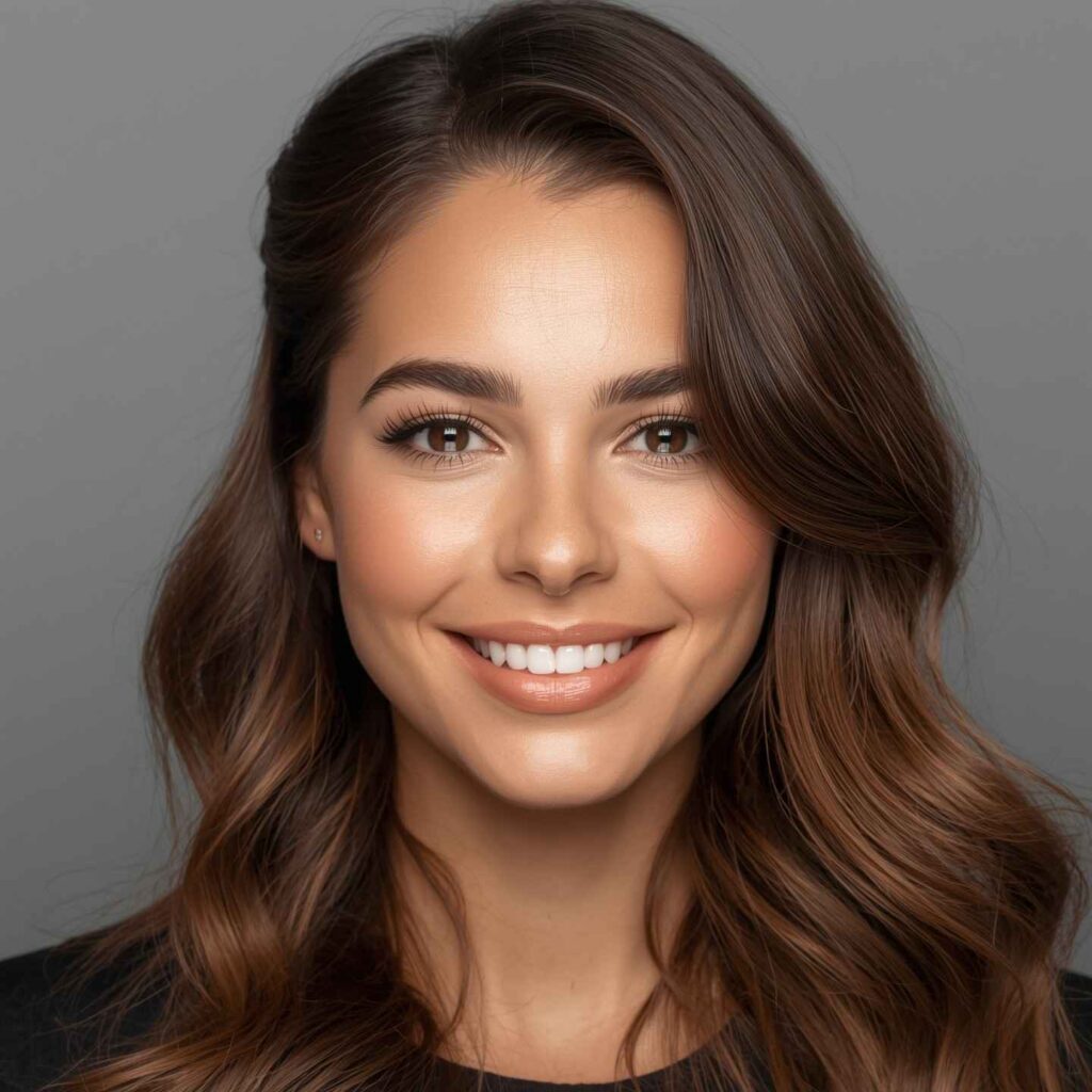 Woman wearing a classic half up half down hairstyle with a confident smile