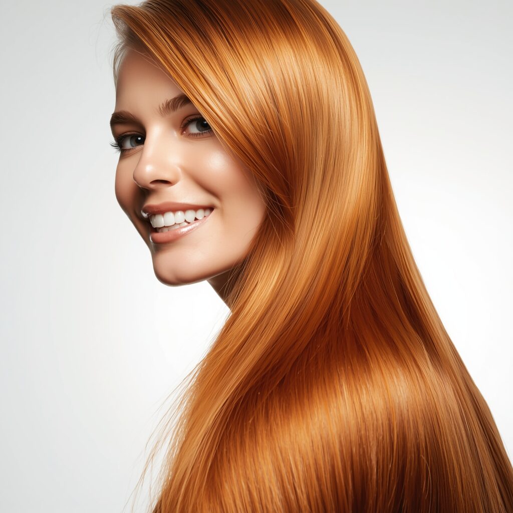 "Woman with smooth, glossy hair showcasing the results of Kerastase professional haircare"
