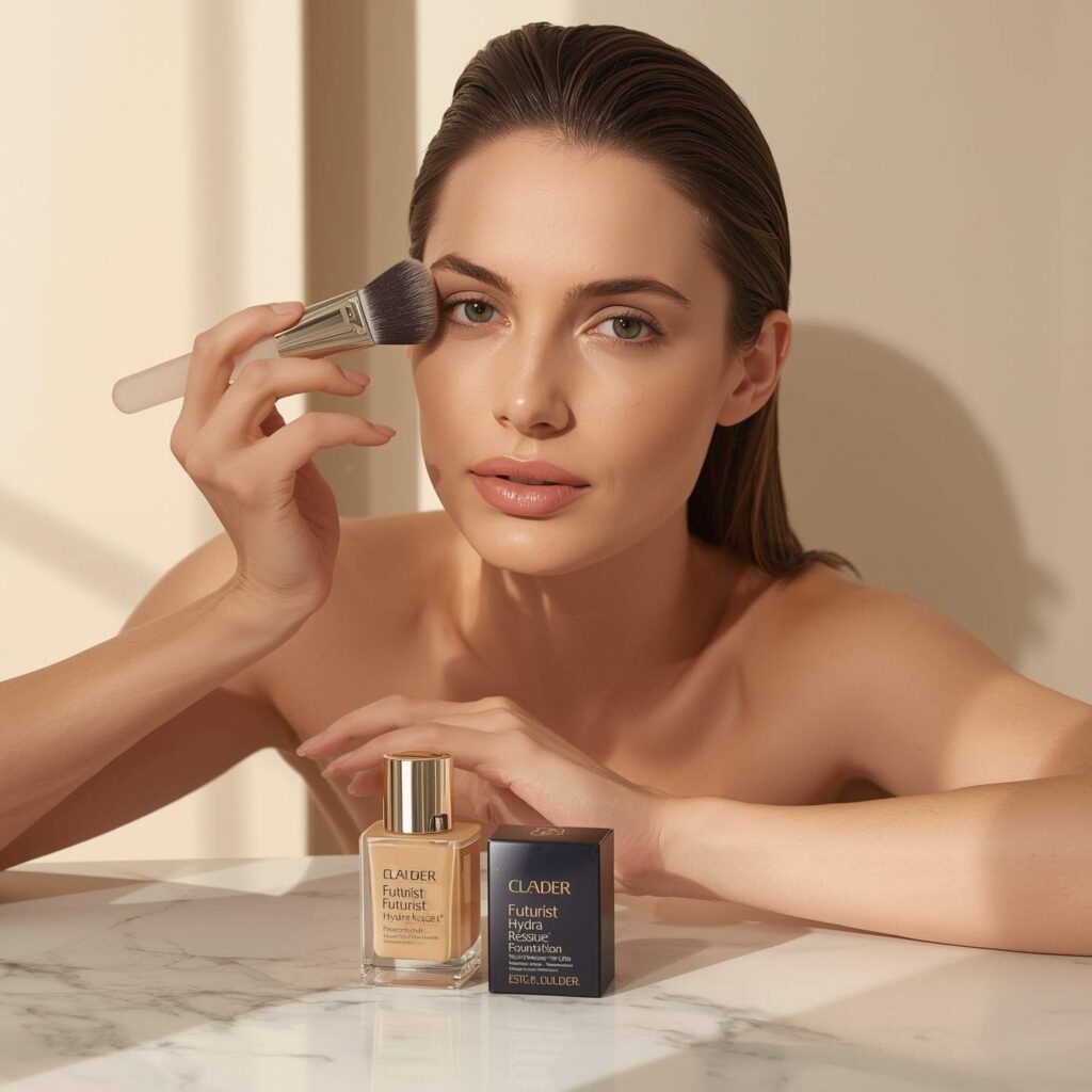 Woman applying Estée Lauder Futurist Hydra Rescue Foundation with brush