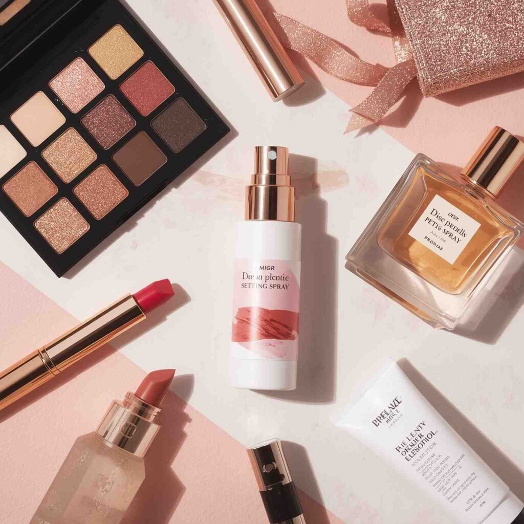 One Size Setting Spray flatlay with other beauty products