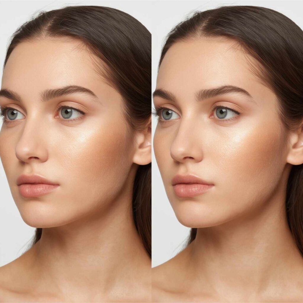 Side-by-side comparison of bare skin versus full face with Haus Labs Foundation after 8 hours of wear