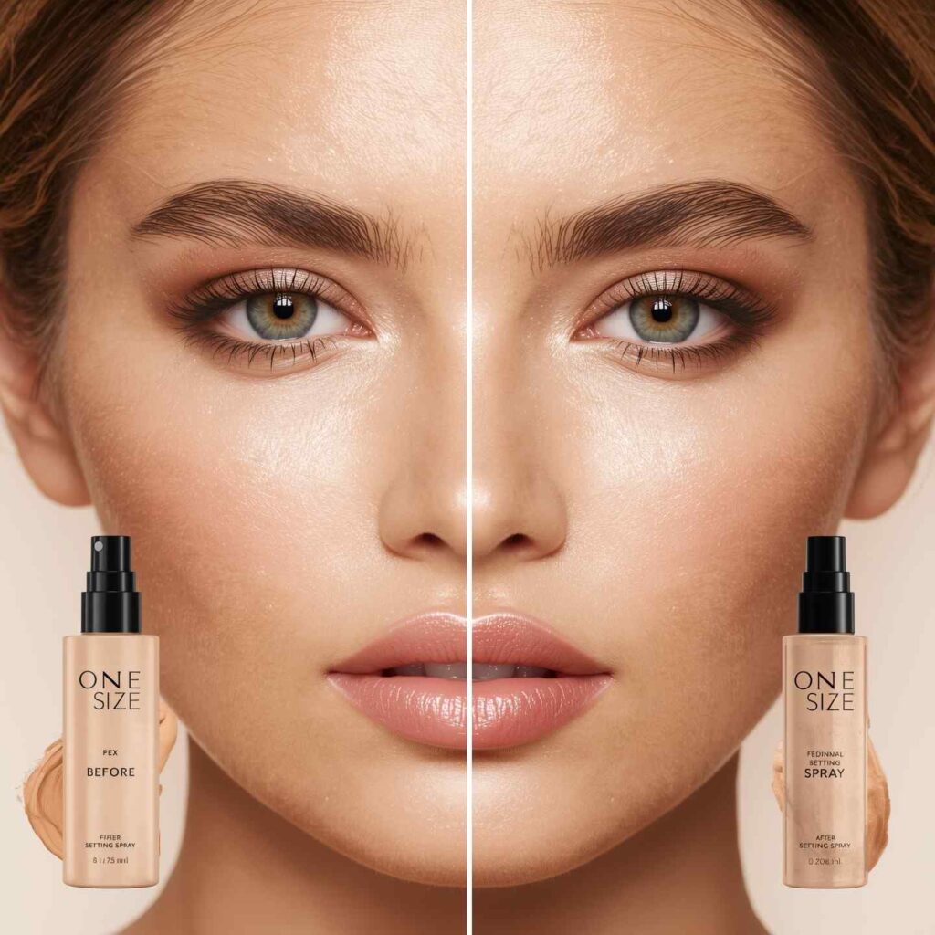 Before and after using One Size Setting Spray on makeup longevity