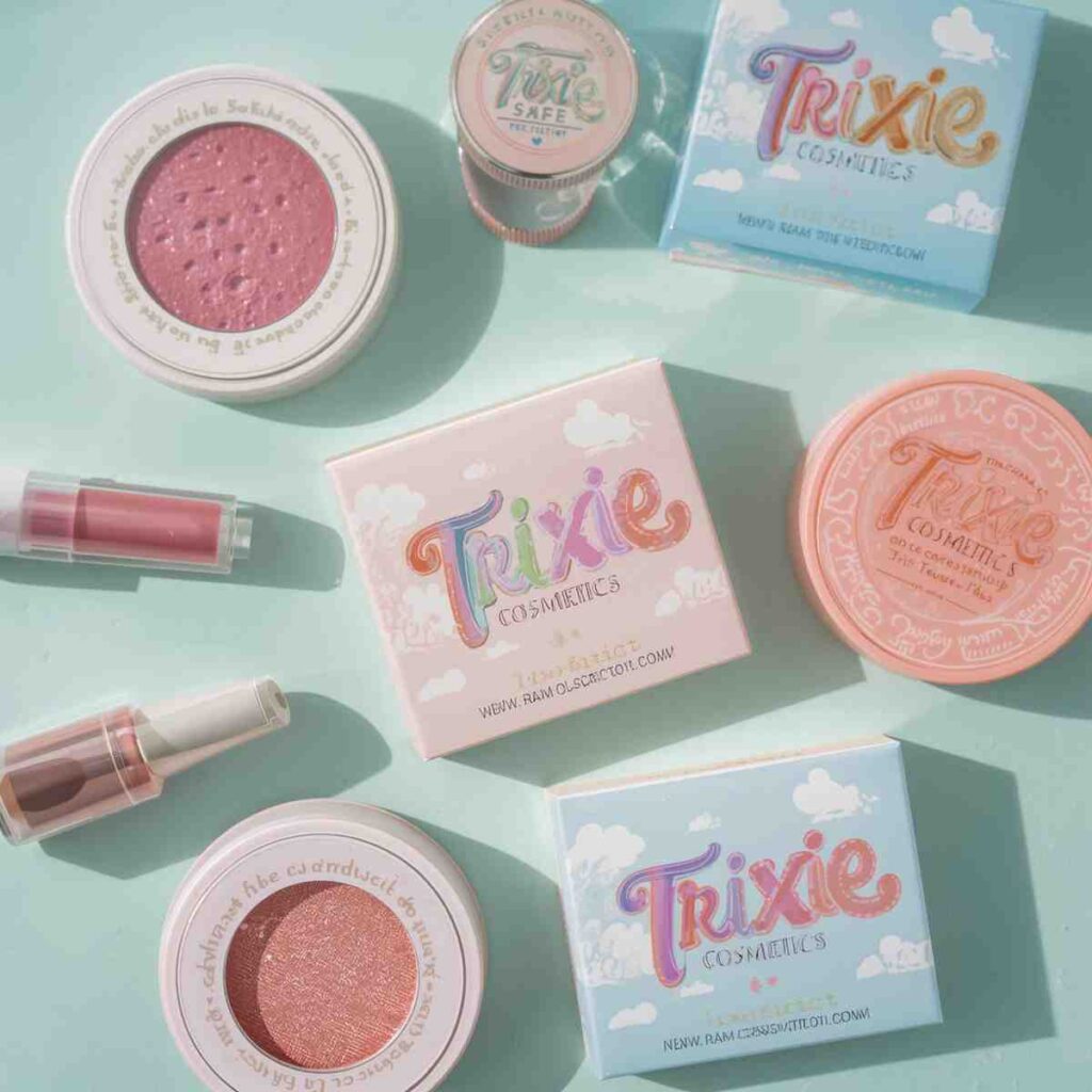 Flat lay of pastel packaging from Trixie Cosmetics featuring whimsical designs.