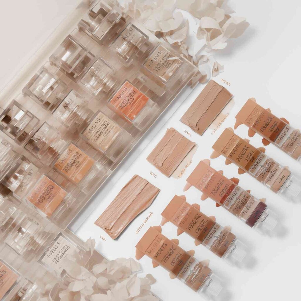 Haus Labs Foundation shade range with 51 colors displayed in gradient, plus Discovery Set mini vials for shade matching