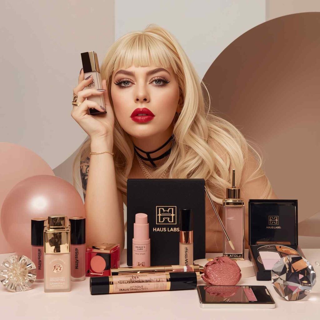 Lady Gaga holding Haus Labs Foundation bottle with brand products displayed, showcasing the luxury makeup launch
