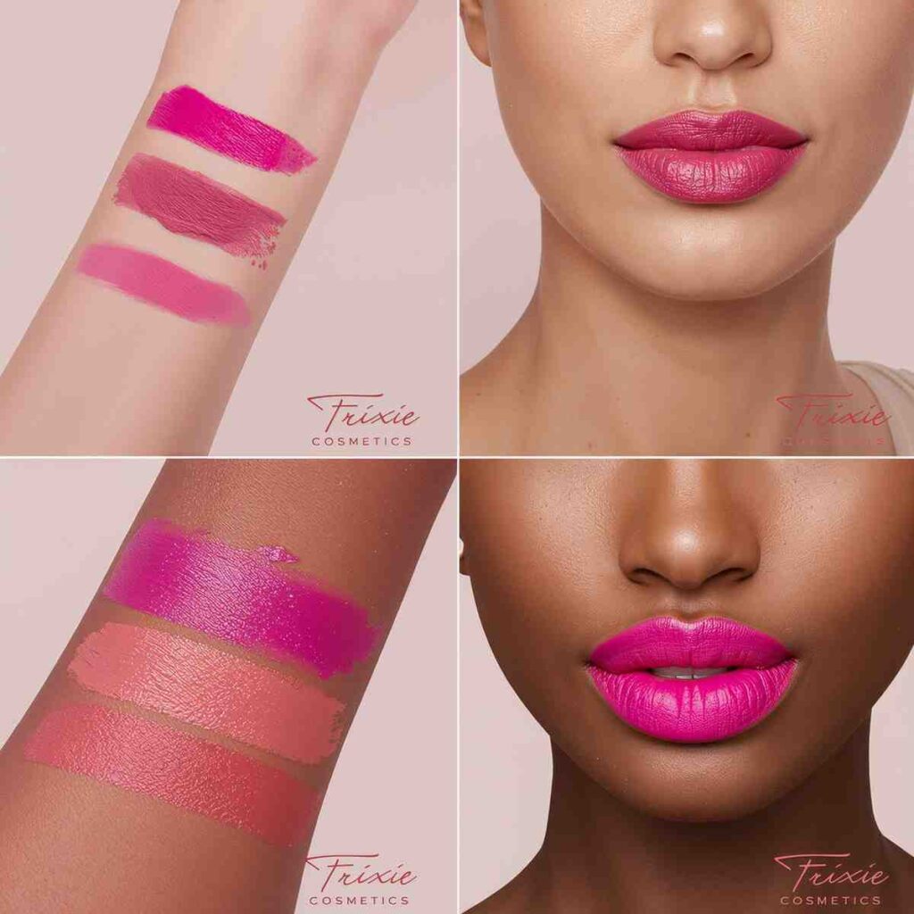 Swatches of Trixie Cosmetics Stacy lipstick showing bright pink shade across multiple skin tones.
