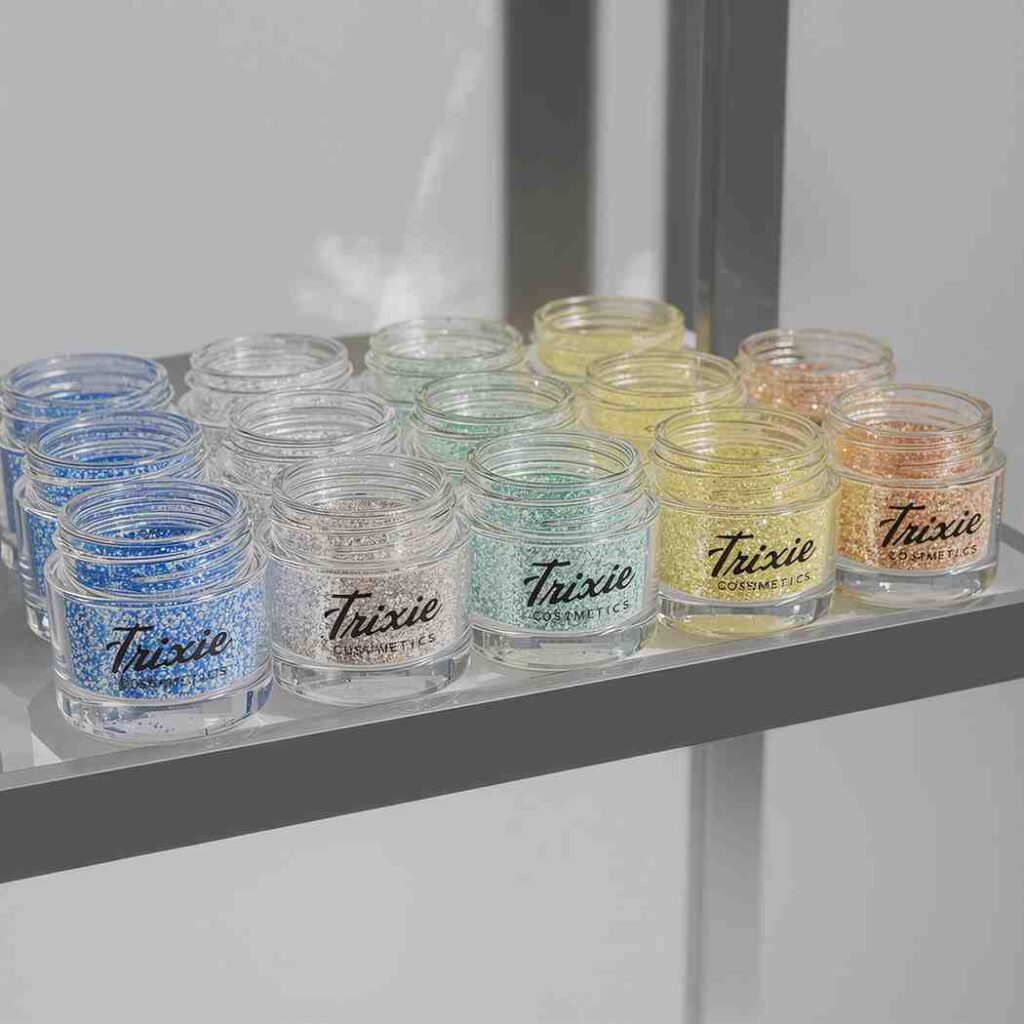 Trixie Cosmetics Sparkles glitter jars displayed in shades like blue, silver, and yellow.