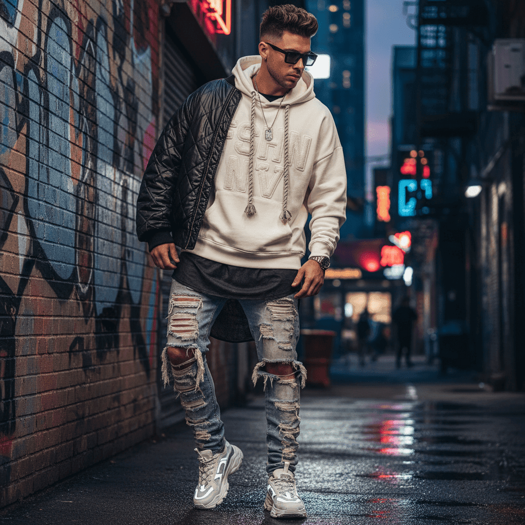 Fashion Nova Men streetwear look with ripped jeans and hoodie 2025.”