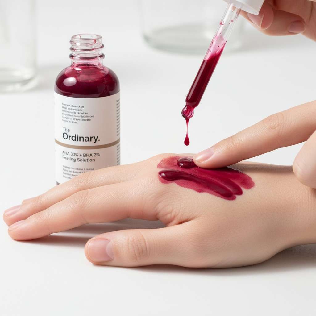 AHA 30% + BHA 2% Peeling Solution by The Ordinary Skincare with mask applied on hand, demonstrating texture and color.”