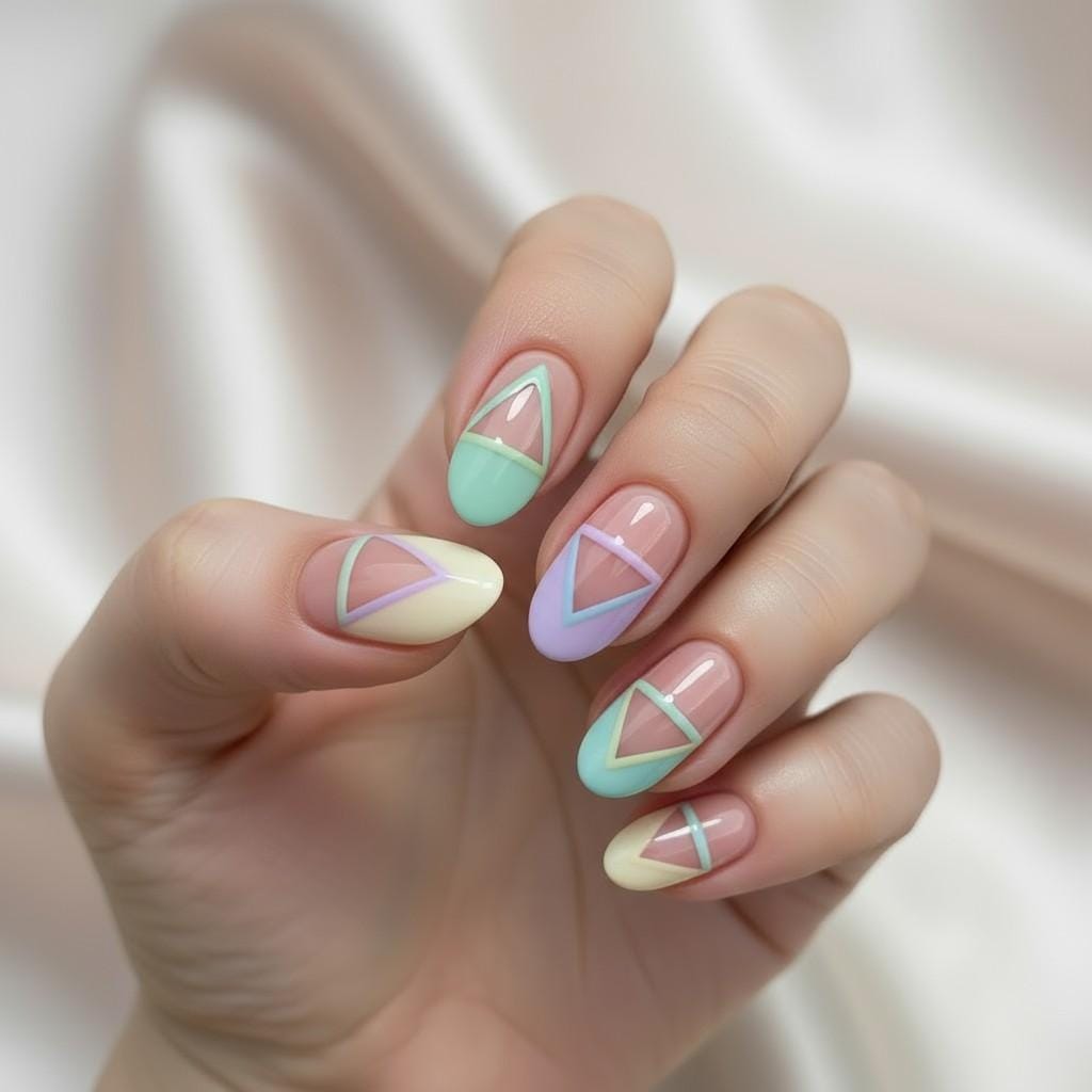 Almond-shaped nails with negative space geometric triangle accents in pastel shades