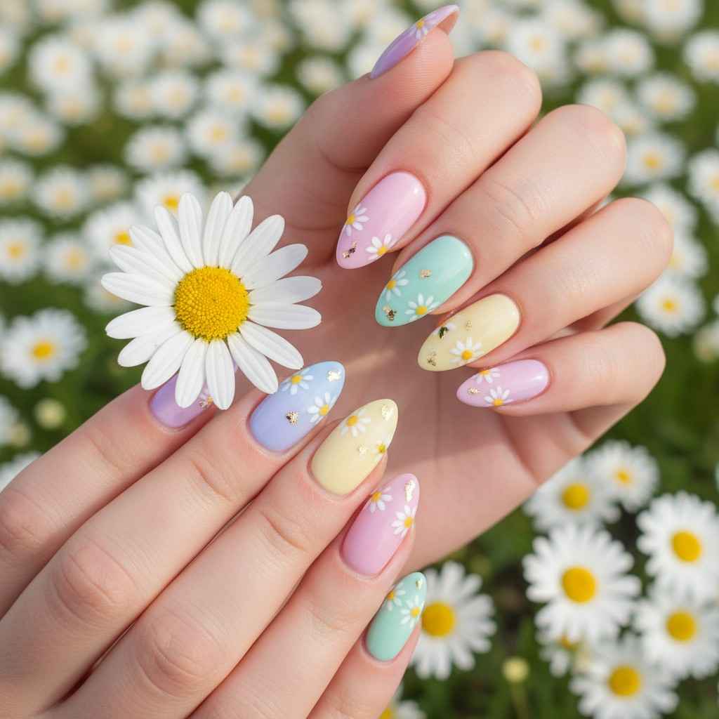 Almond-shaped spring nails with modern French manicure in pastel tips.