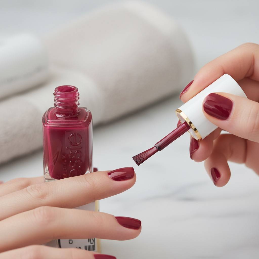 Applying Essie Gel Couture nail polish with wide brush for salon quality finish at home
