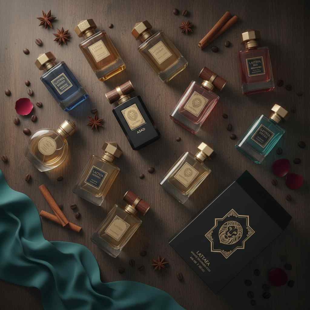 Assorted Lattafa Perfumes flat lay for men and women