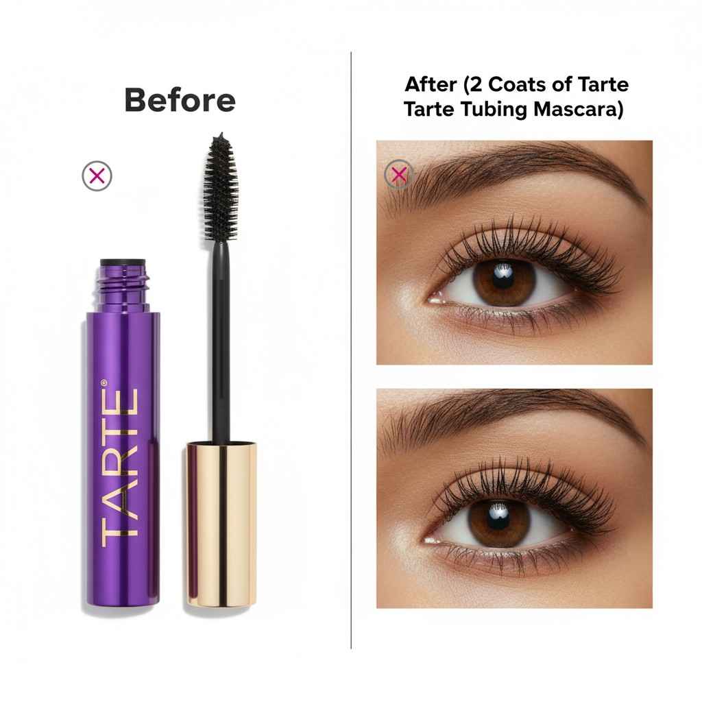 Before and after comparison of lashes without makeup and with two coats of Tarte Tubing Mascara