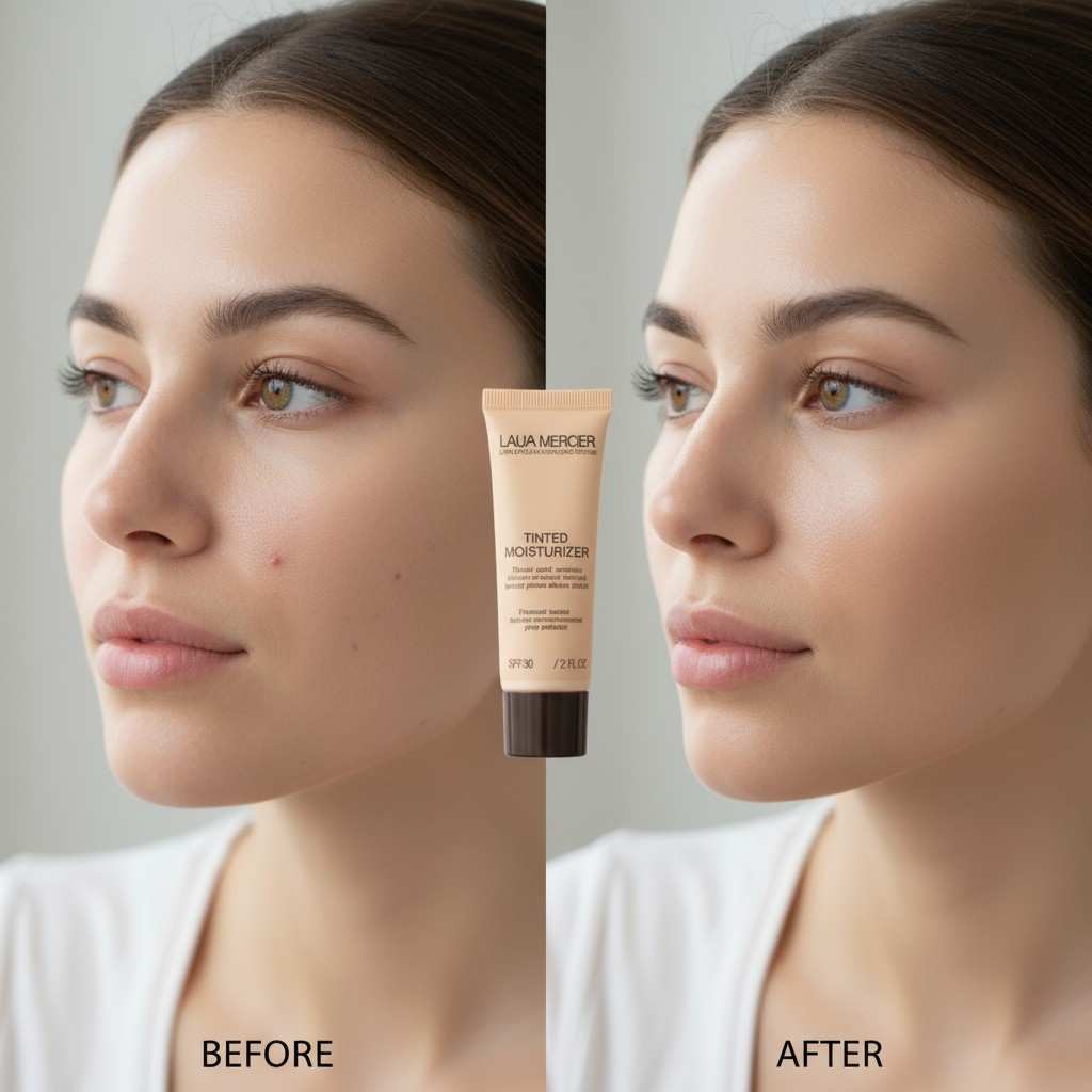Before and after results of Laura Mercier Tinted Moisturizer on skin