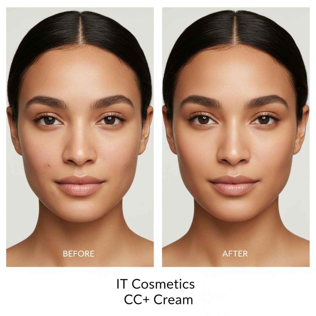 Before and after results using IT Cosmetics CC Cream showing even tone and natural coverage.
