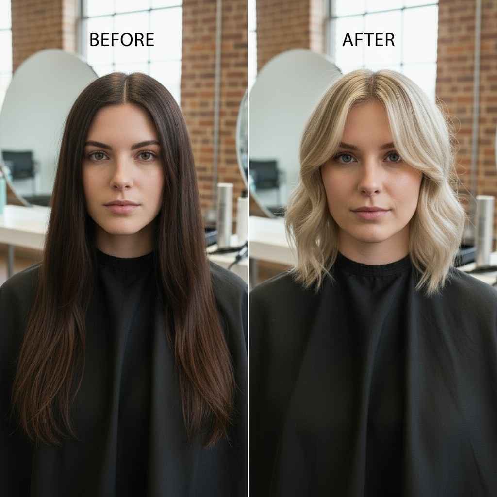 Before and after transformation from long hair to bixie haircut