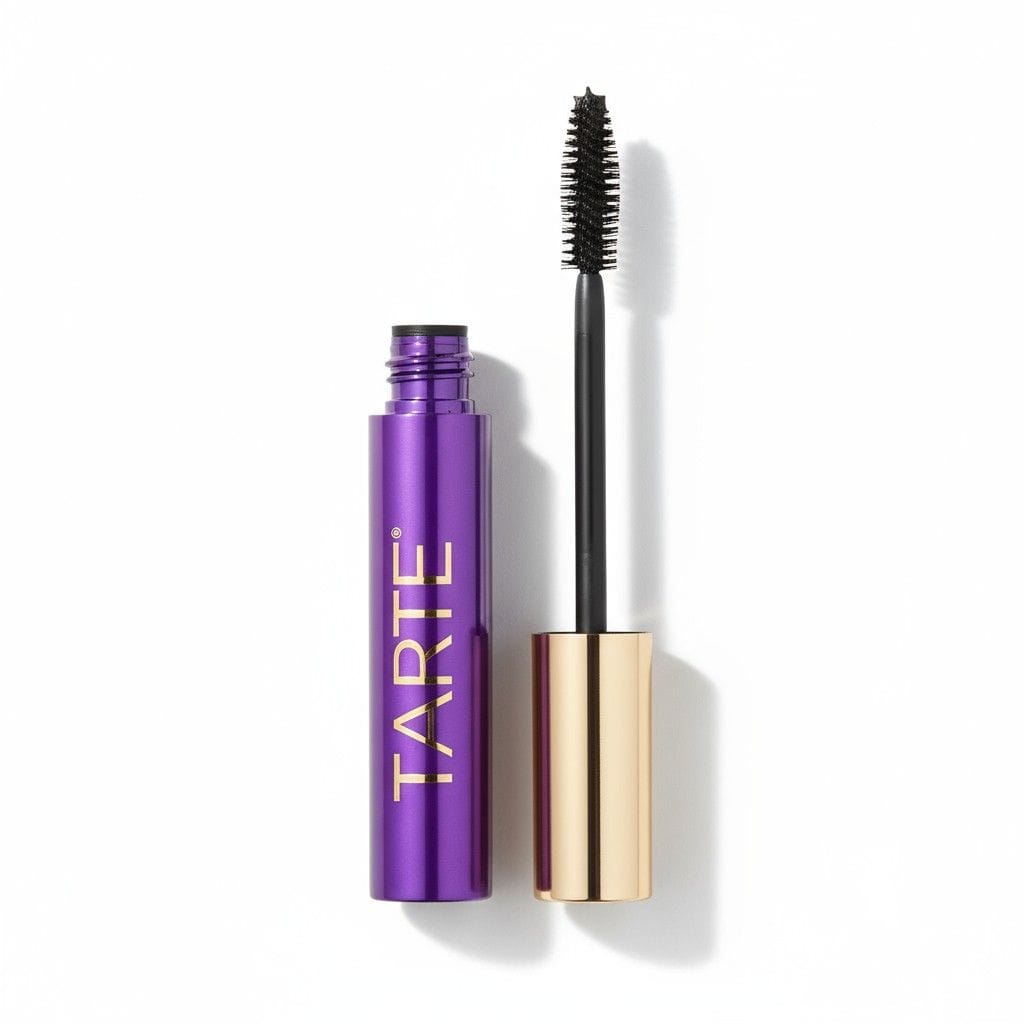 Close-up of Tarte Tubing Mascara tube and wand on white background