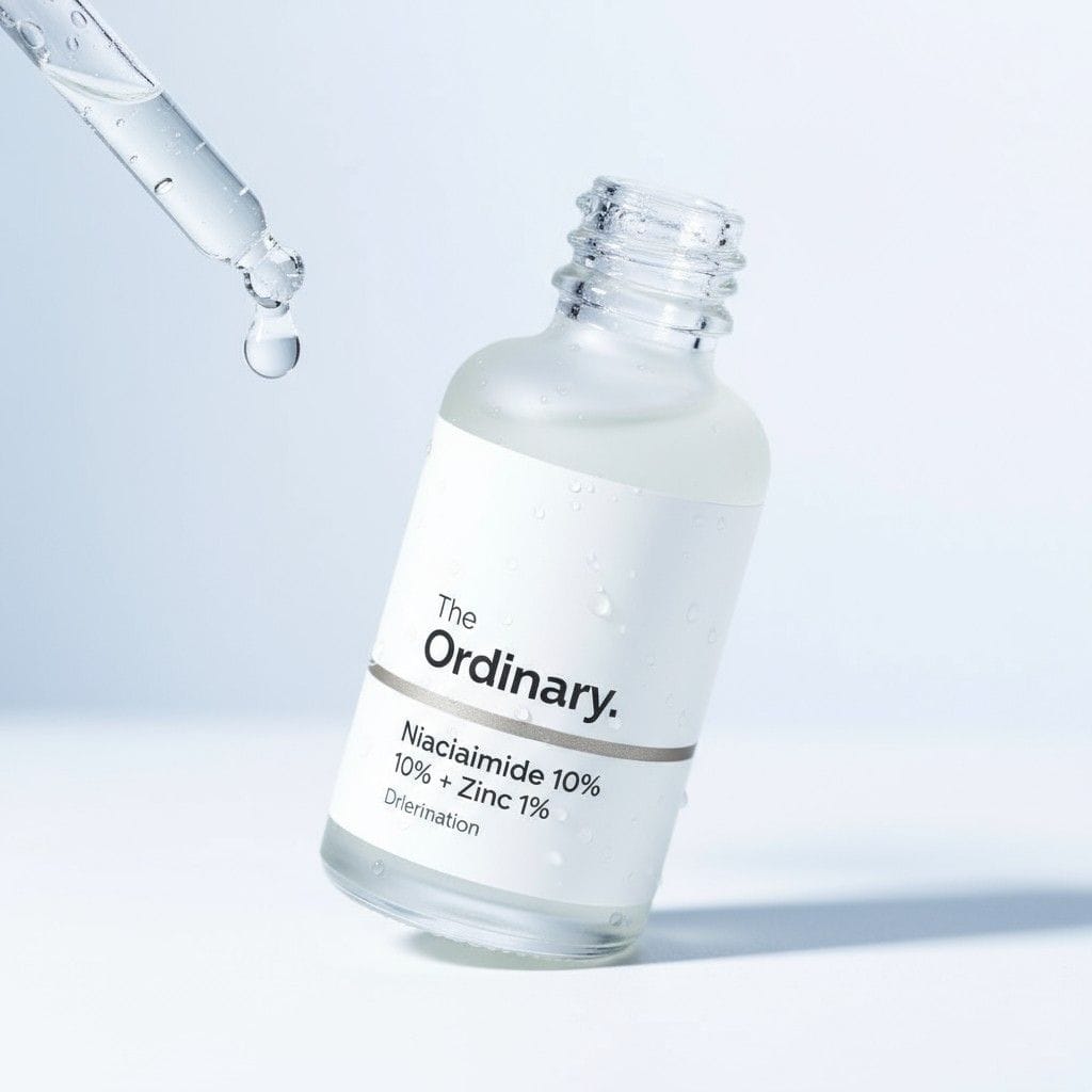 “Close-up of The Ordinary Niacinamide 10% + Zinc 1% serum bottle with a dropper showing clear serum texture.”