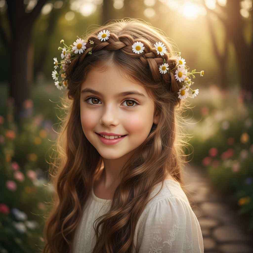 Crown braid with tiny flowers – elegant and fairy-tale inspired cute hairstyle for girls