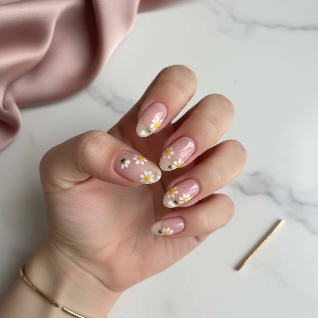 Delicate daisy nail art on short nude nails, part of classy short nail designs