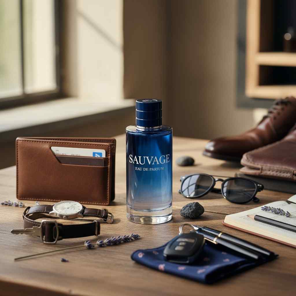 Dior Sauvage bottle styled with men’s accessories as a lifestyle fragrance shot.