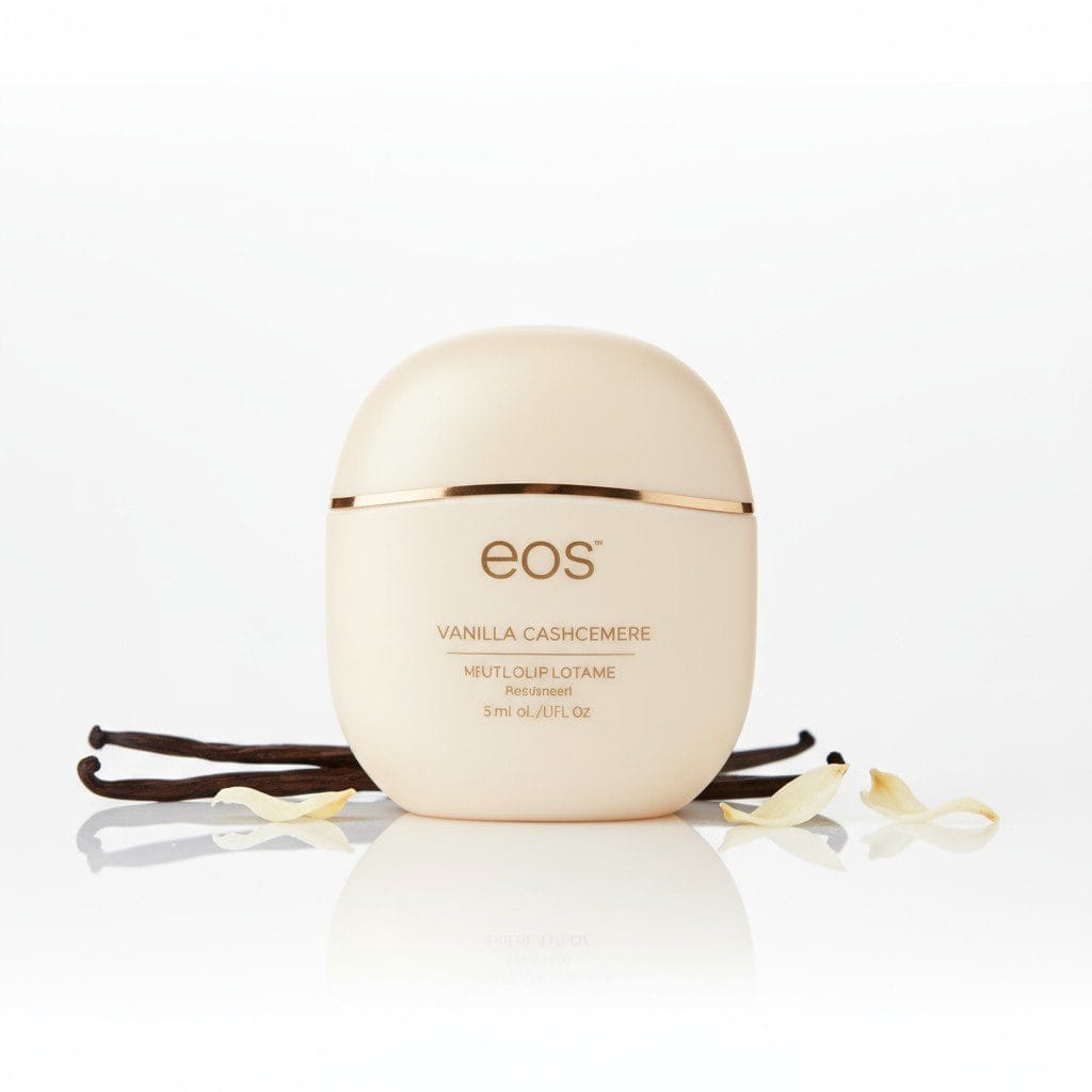 EOS lotion Vanilla Cashmere bottle on white surface showing smooth skin care packaging