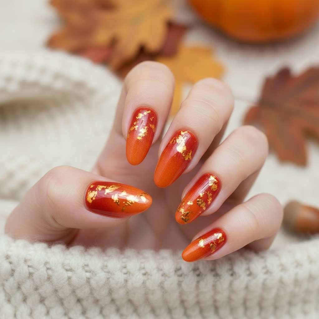 Easy DIY fall nail designs with ombre orange and gold foil details