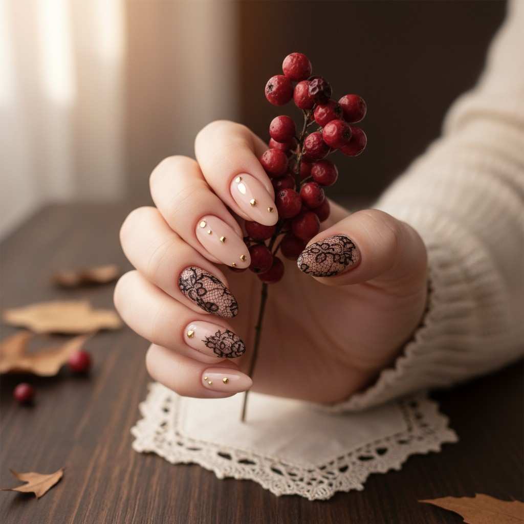 Elegant nude fall nail designs with lace patterns and subtle gold studs