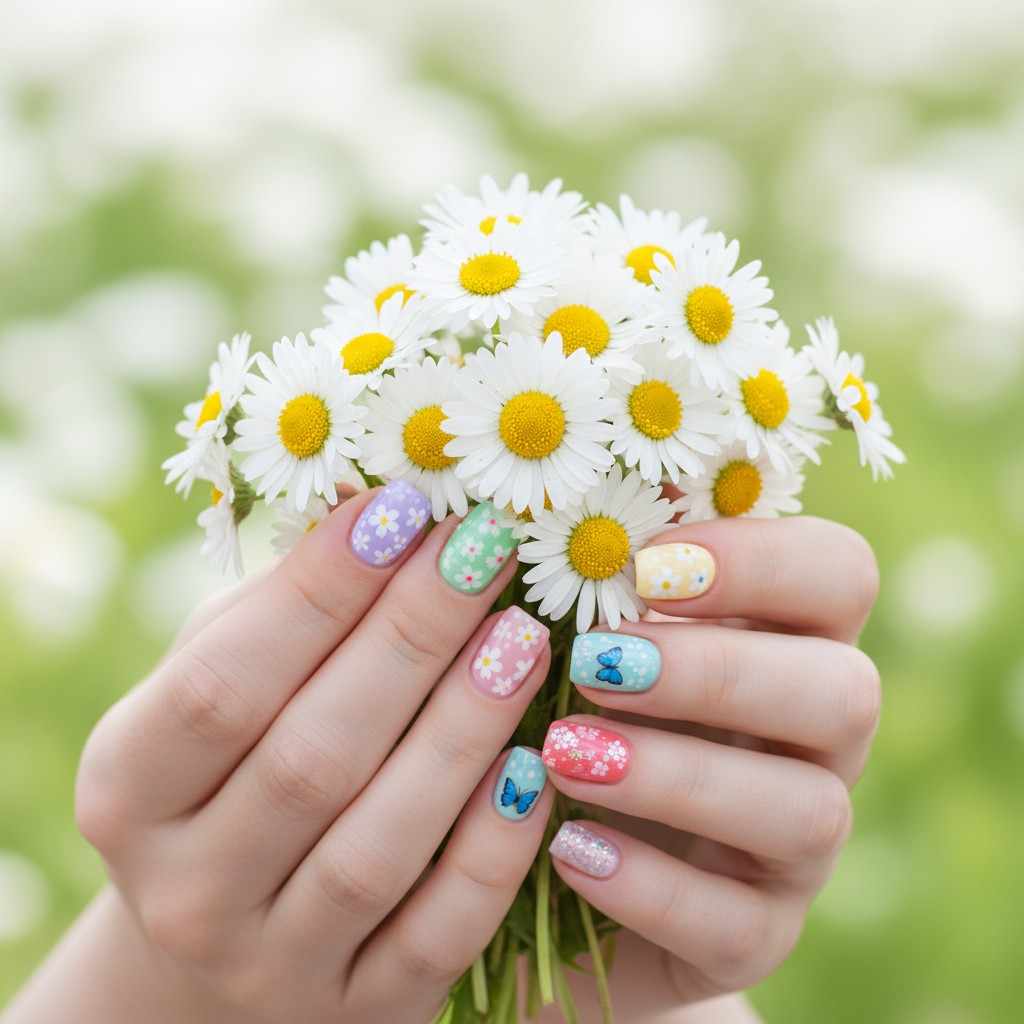 Hands with pastel spring nail designs holding fresh daisies.