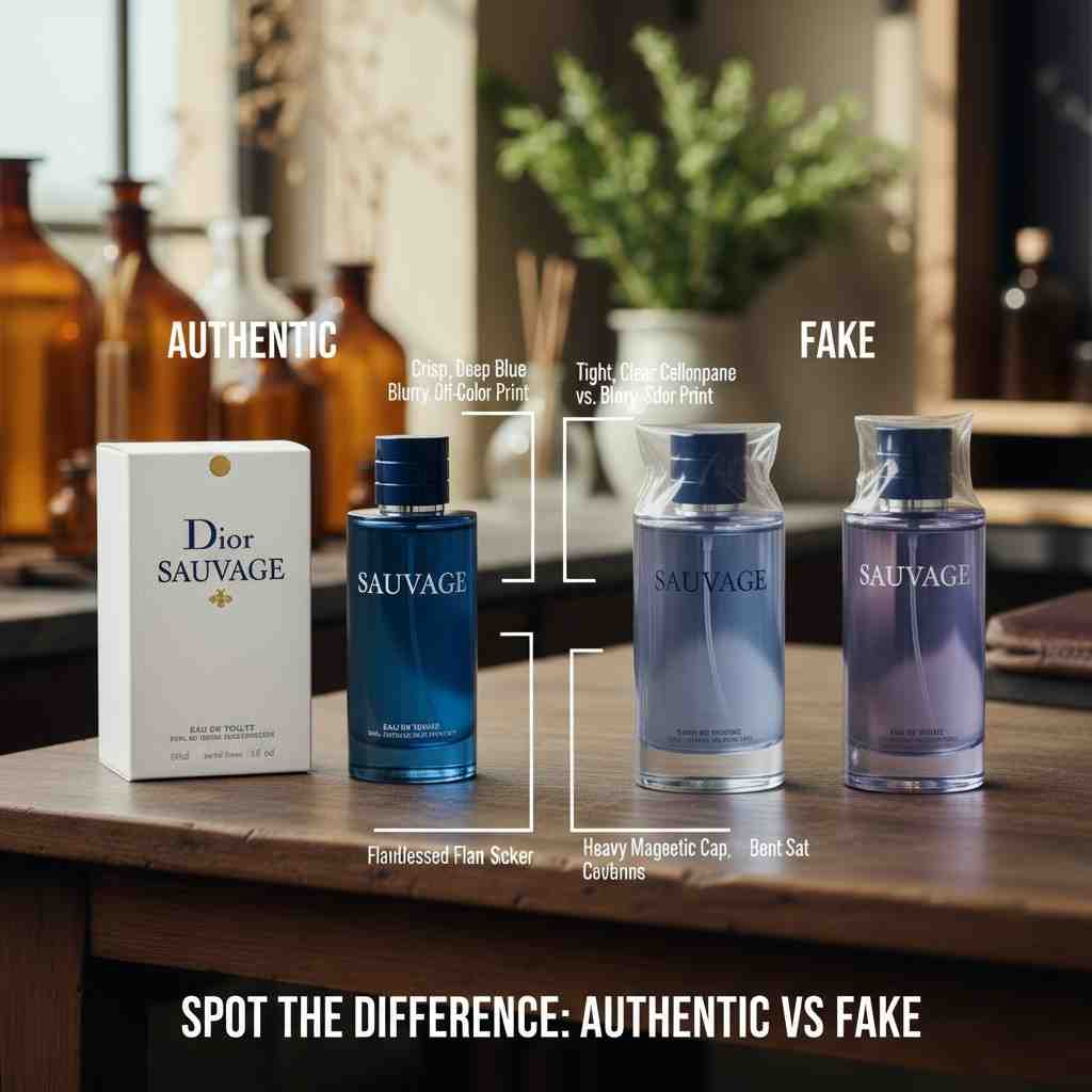 How to spot fake Dior Sauvage bottles compared to authentic packaging.