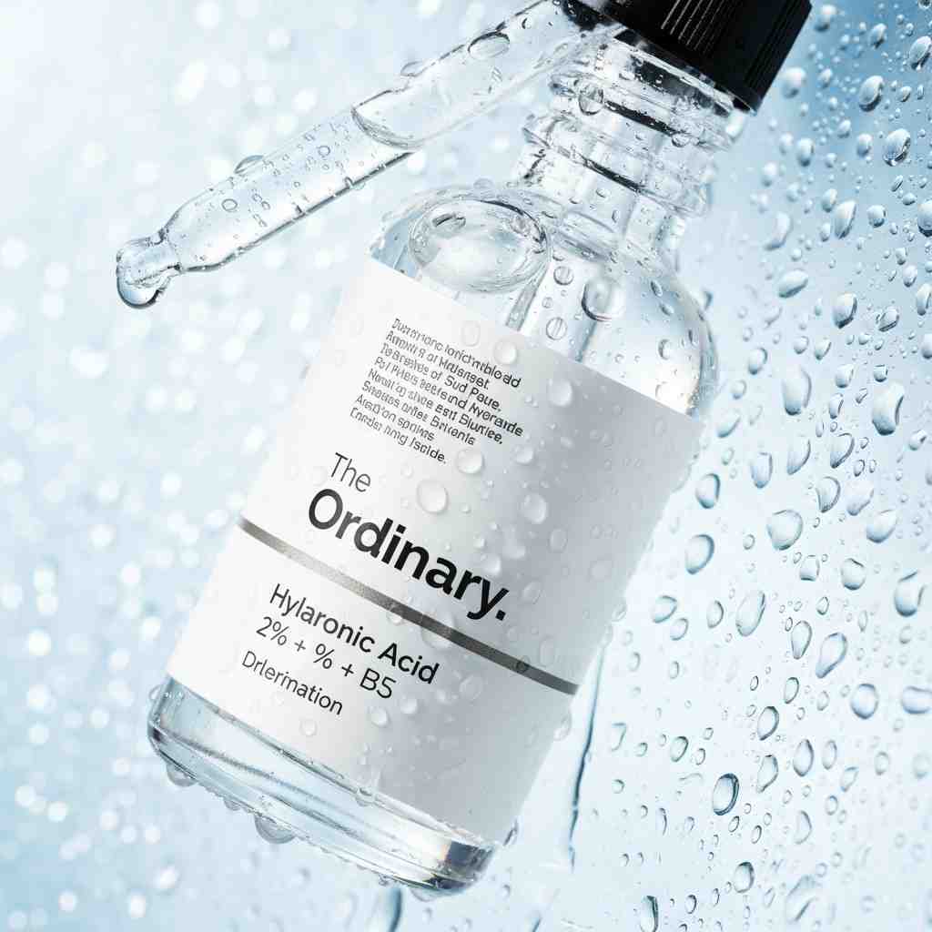 Hyaluronic Acid 2% + B5 serum from The Ordinary Skincare with water droplets to represent hydration benefits.”