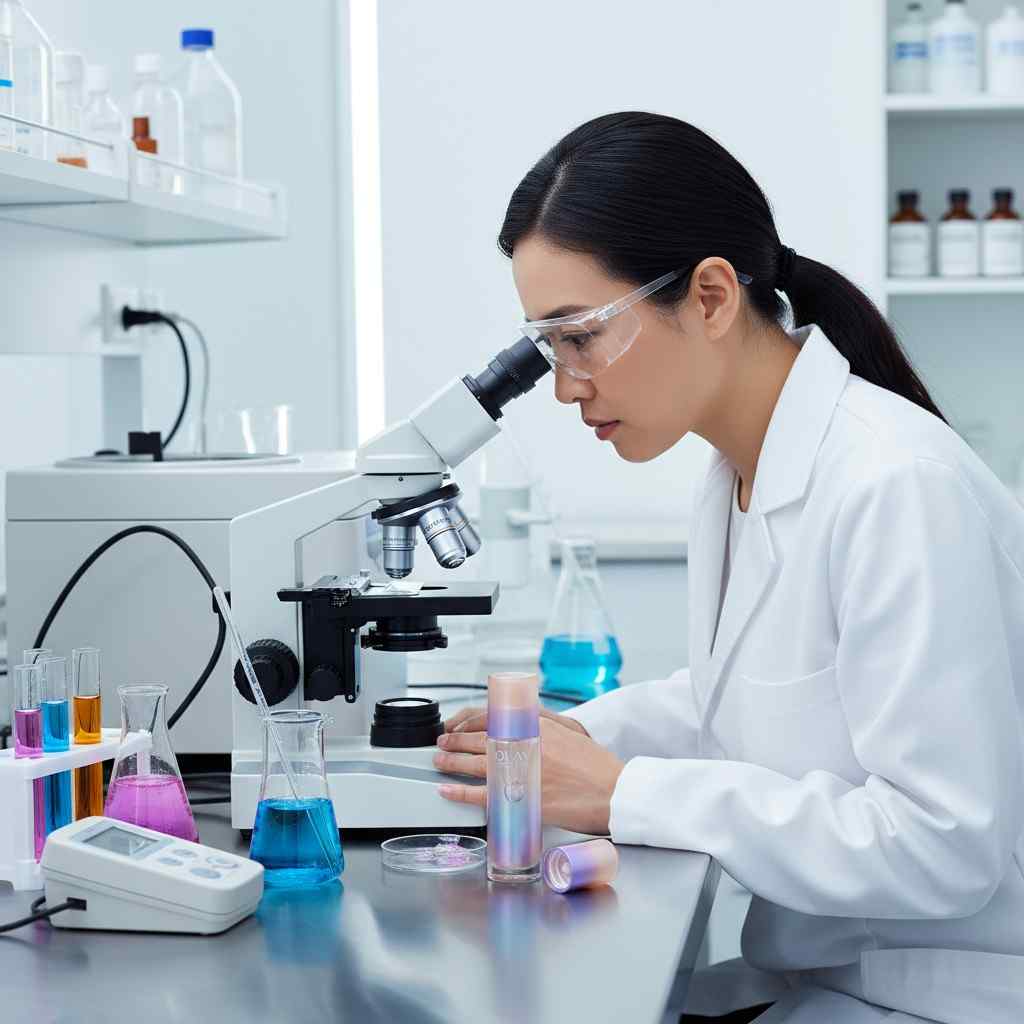 Lab scientist testing Olay Super Serum formulation with scientific equipment