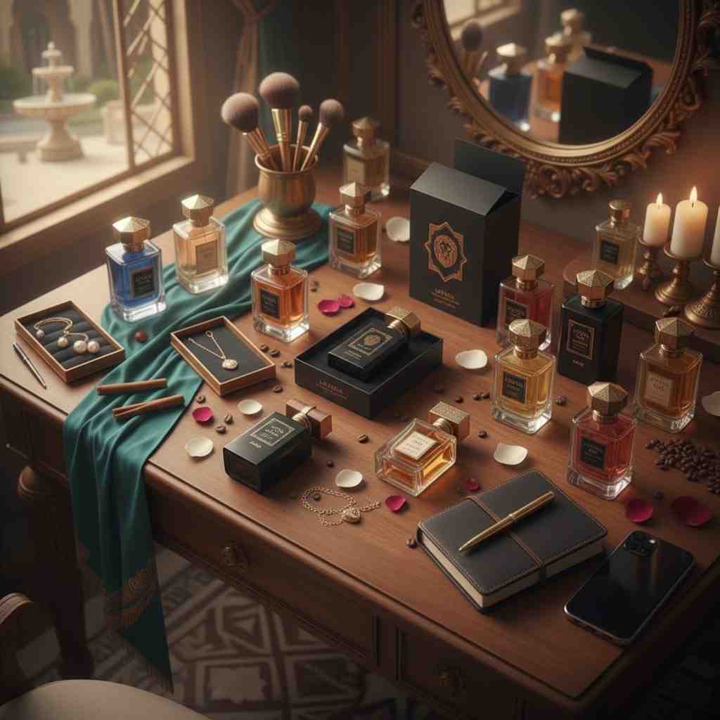 Lattafa Perfumes luxury fragrance on dressing table with accessories