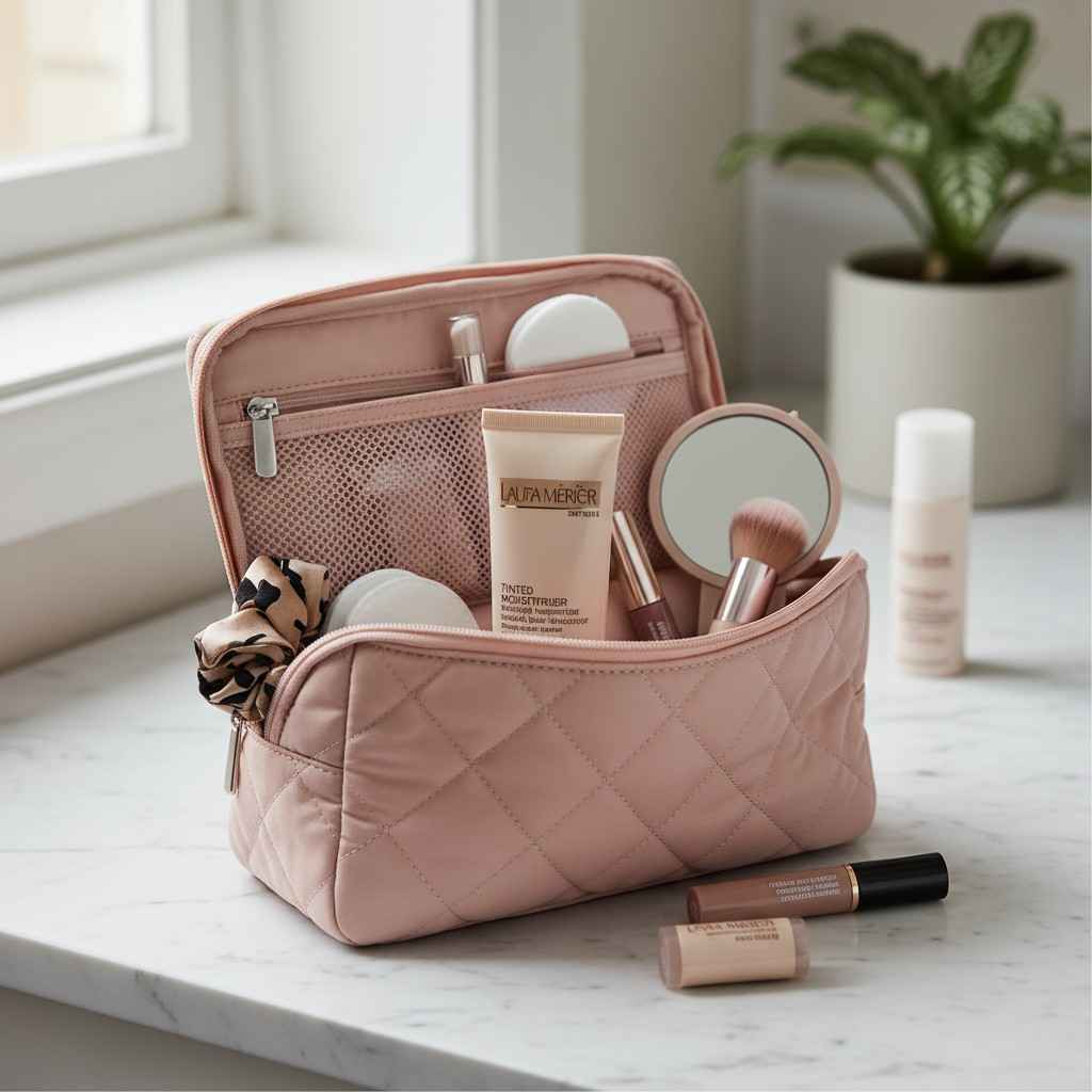 Laura Mercier Tinted Moisturizer in travel makeup bag with beauty essentials