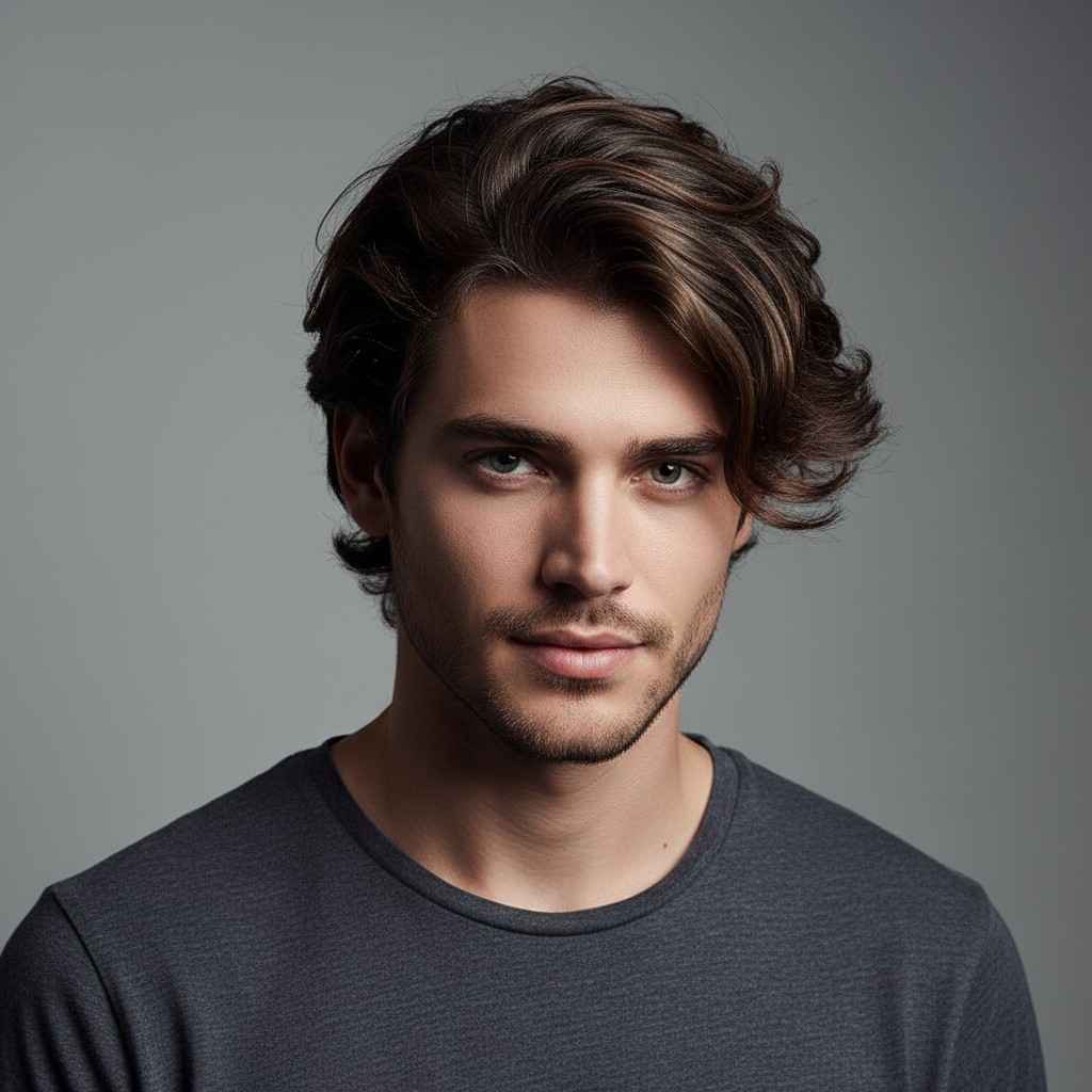 Man with medium layered haircut styled as bro flow in 2025