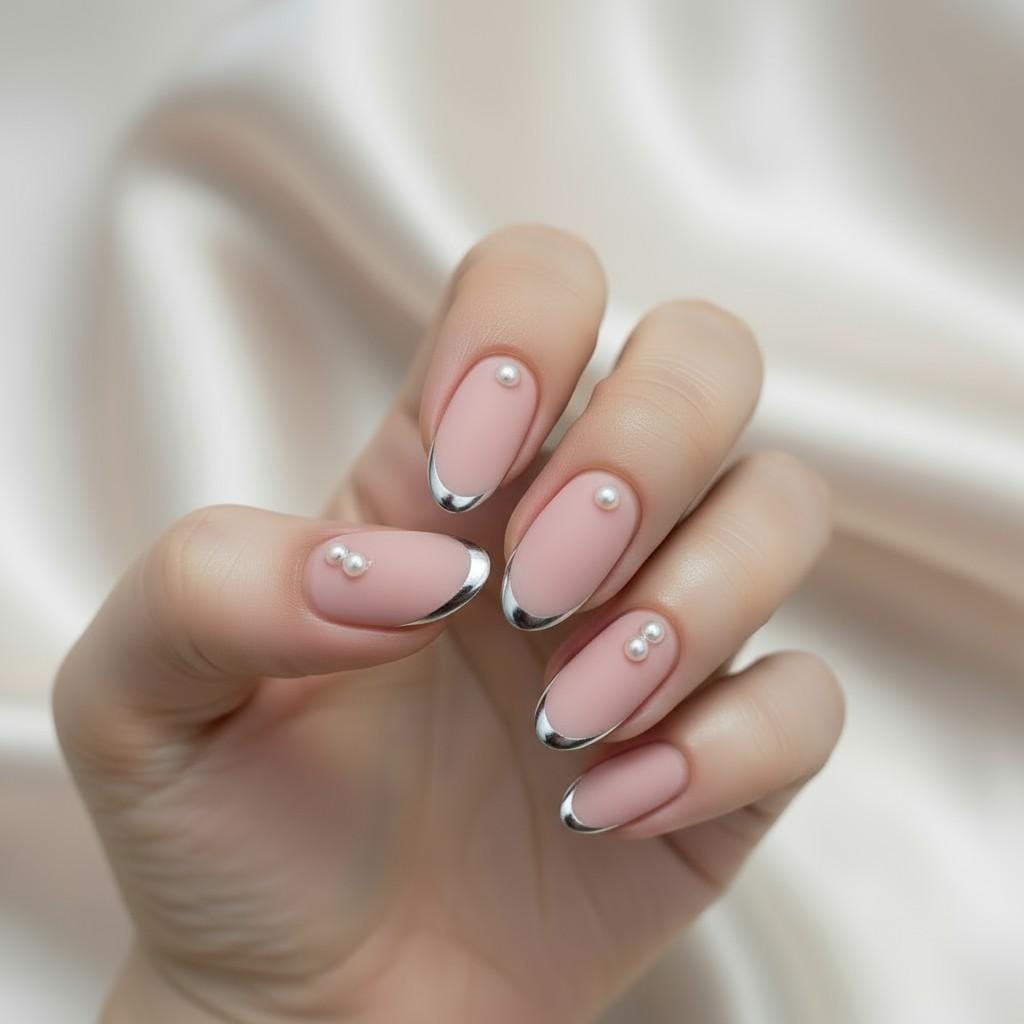 Minimal blush nails decorated with small pearls and chrome edges for futuristic elegant nail art