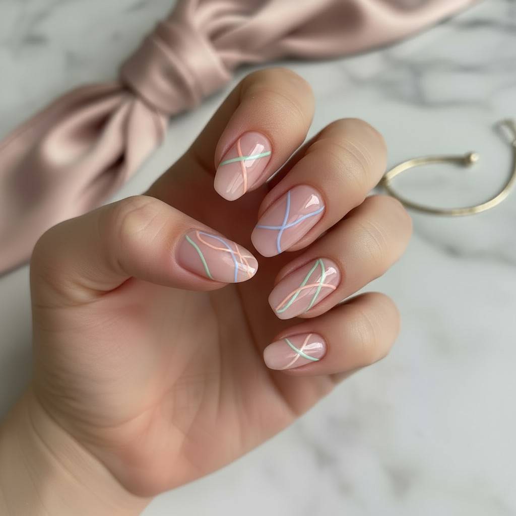 Minimalist abstract line art on pastel short nails, trendy classy short nail designs