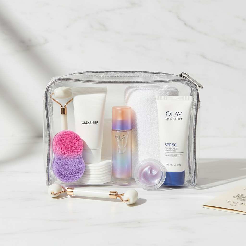 Olay Super Serum bottle packed in a travel skincare kit alongside essentials