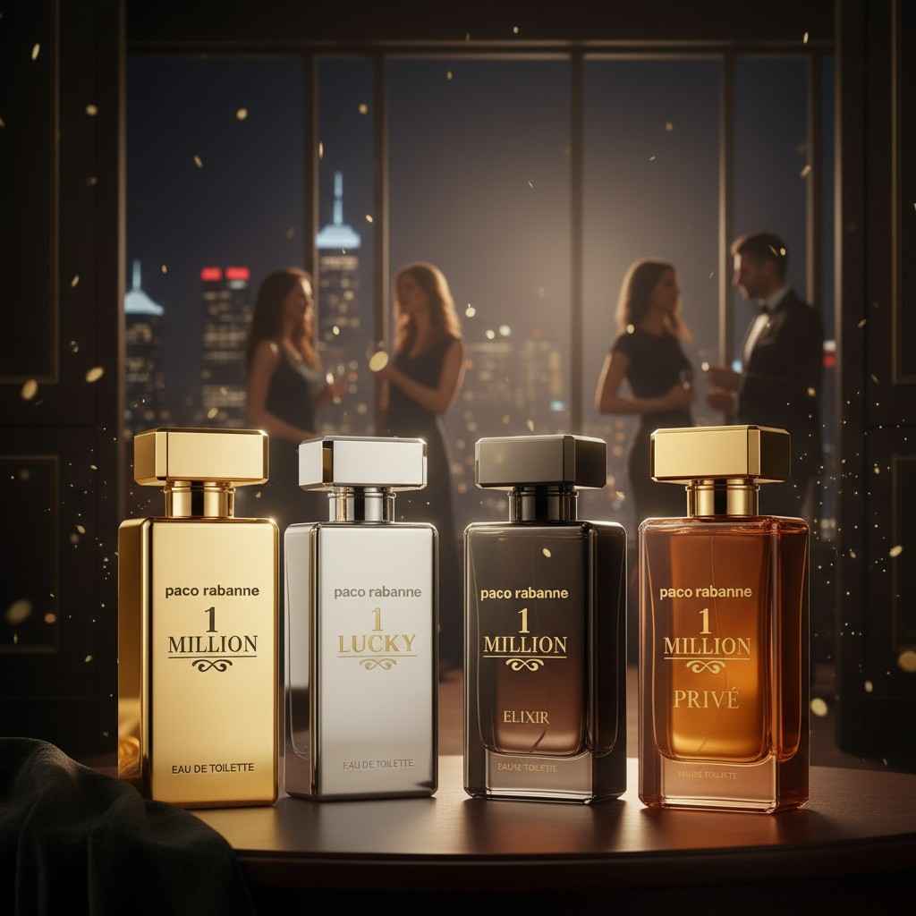 Paco Rabanne 1 Million fragrance flankers Lucky, Elixir, and Privé bottles