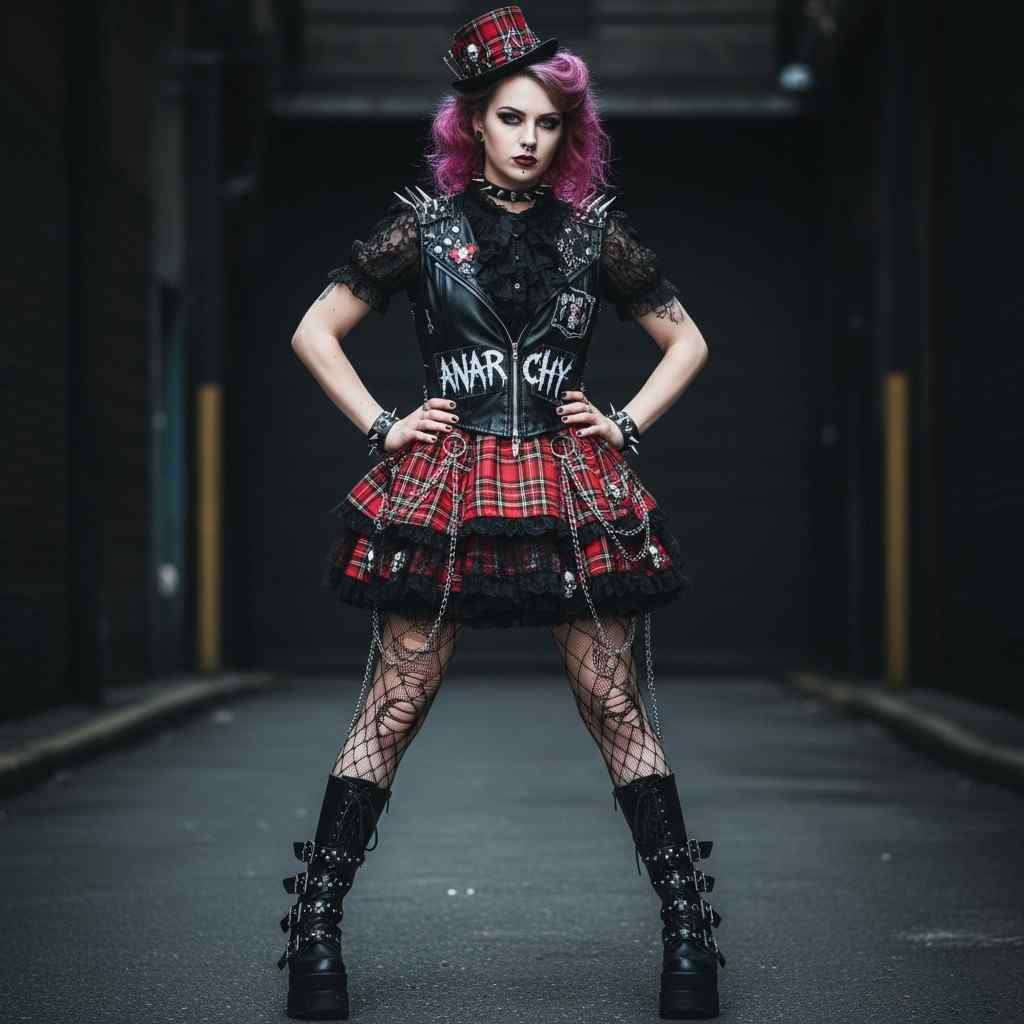 Punk Lolita fashion combining tartan skirt, safety pins, and edgy accessories.
