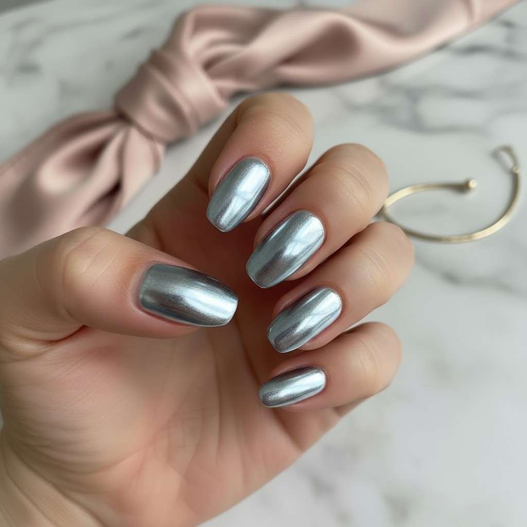 Shiny chrome manicure on short nails, modern classy short nail designs