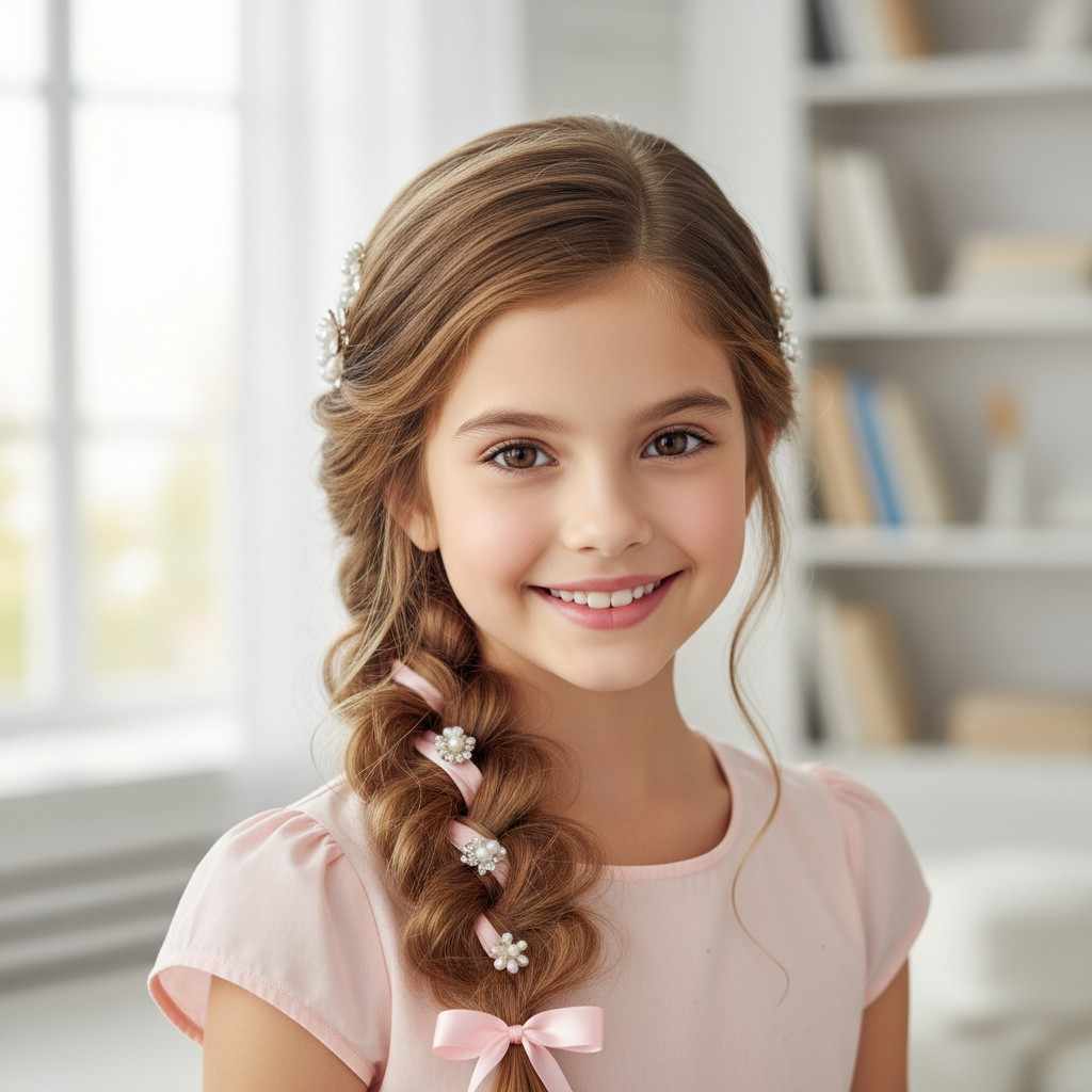 Side braid with ribbon and clips – elegant cute hairstyle for girls