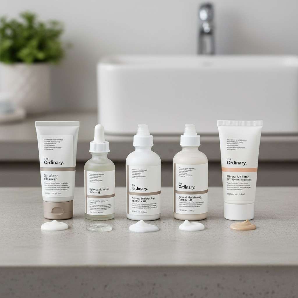 Simple minimalist skincare routine featuring only cleanser, serum, moisturizer, and sunscreen from The Ordinary Skincare.”