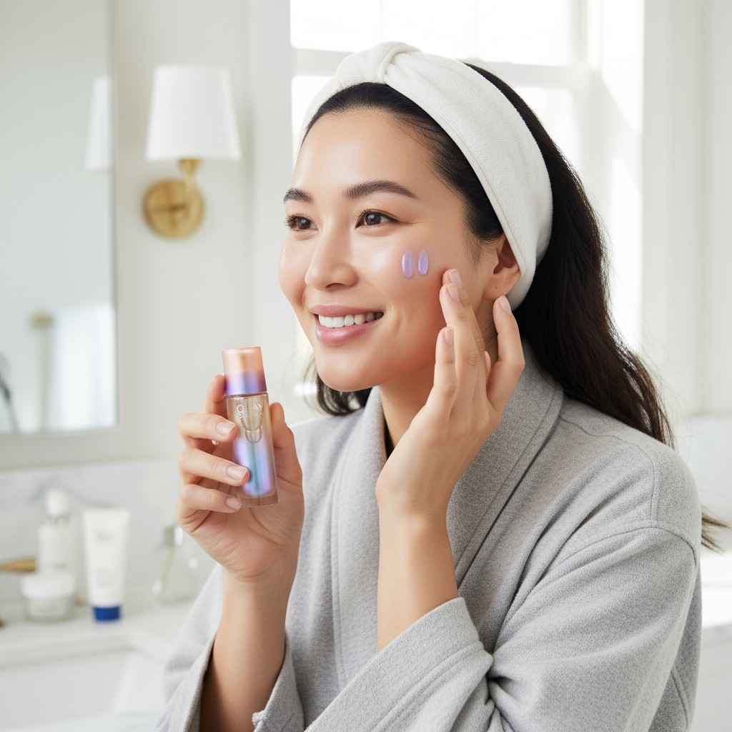 Smiling woman applying Olay Super Serum to her face during morning skincare routine