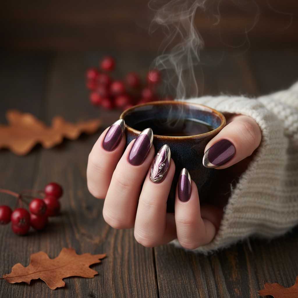 Sophisticated fall nail designs with deep plum polish and metallic French tips