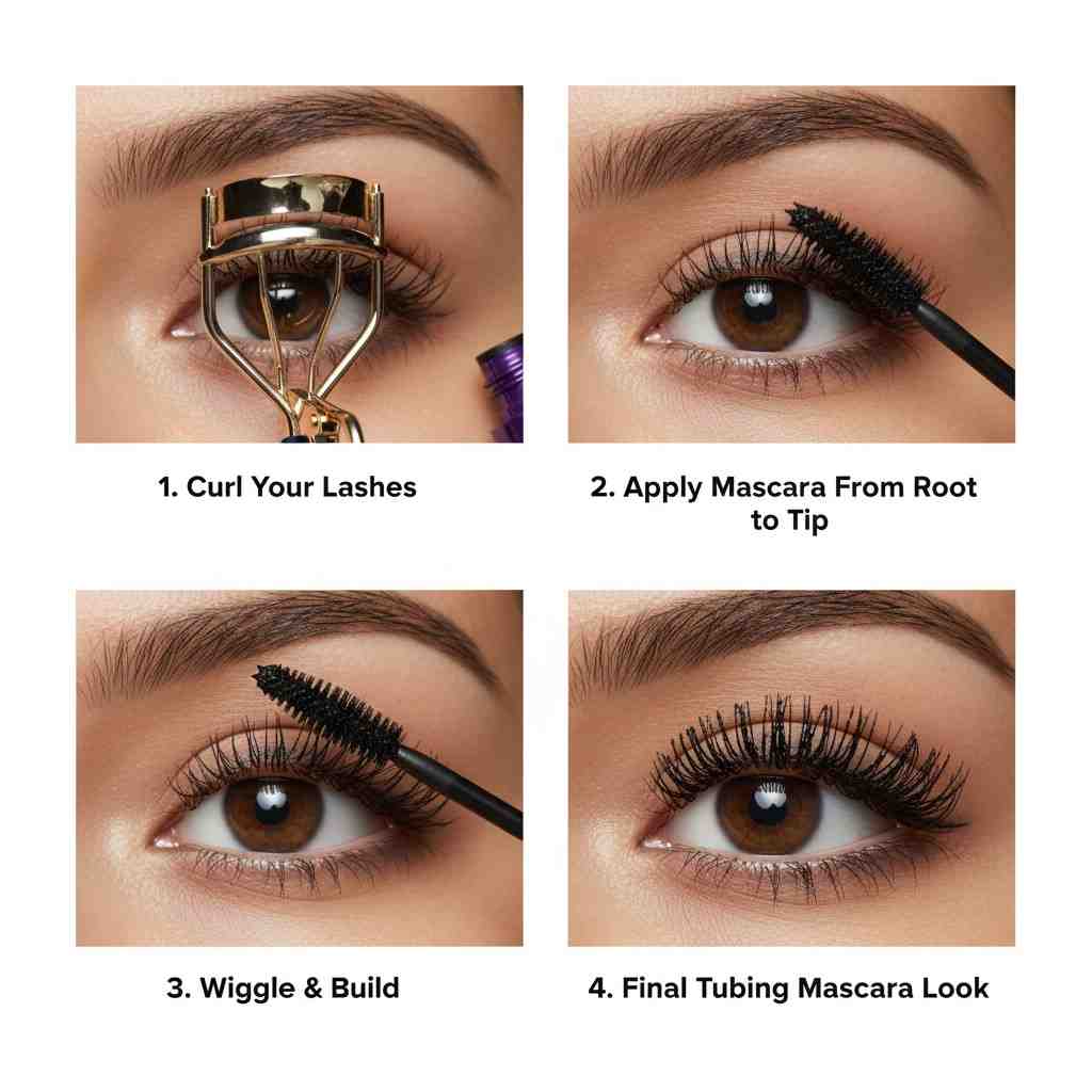 Step-by-step application of Tarte Tubing Mascara from curling lashes to final lash look